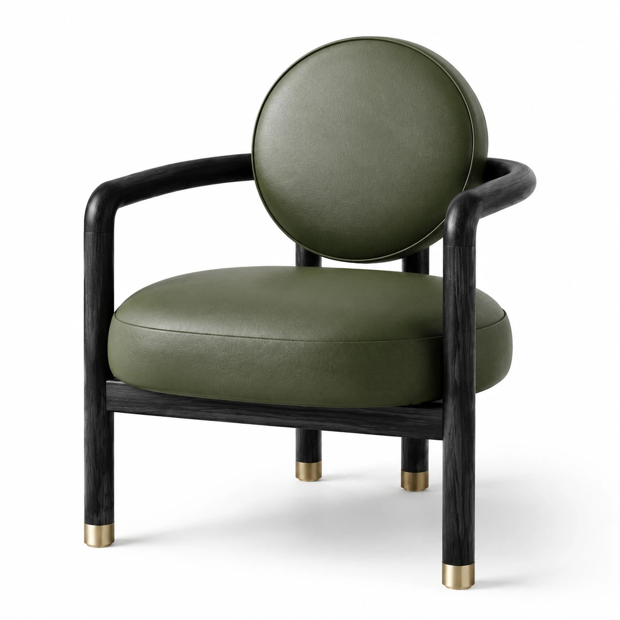 Sillón de cuero sintético verde con estructura de madera y detalles metálicos