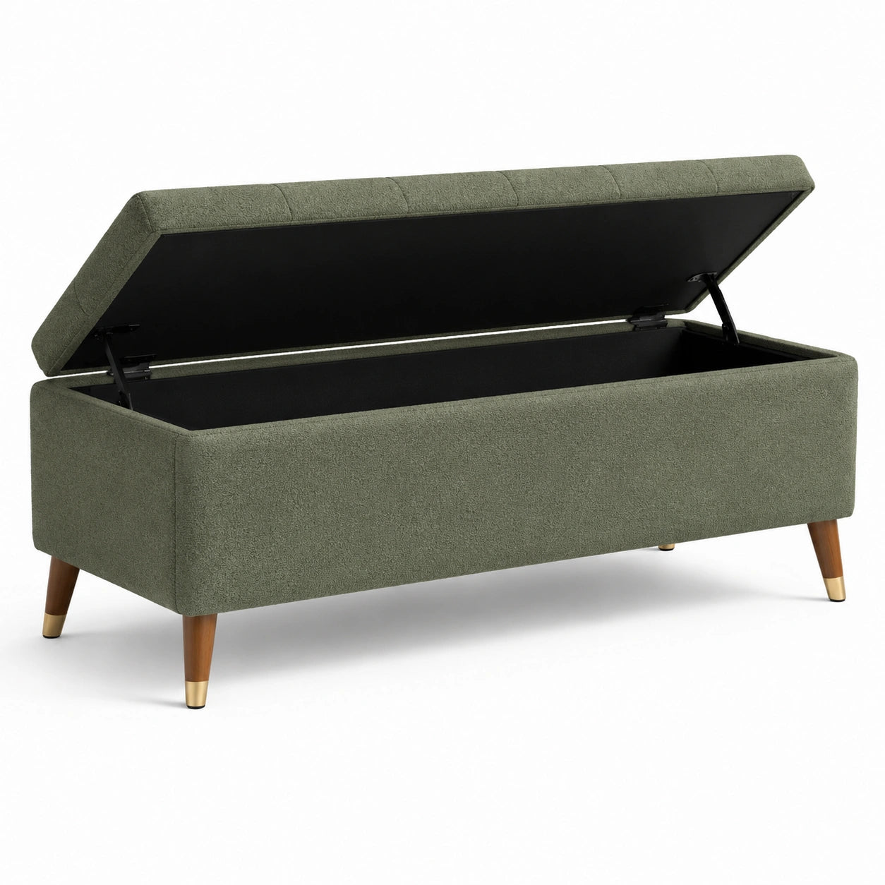 Banco de almacenamiento de tela verde con patas de madera