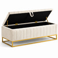 Banco de almacenamiento tapizado beige con base de metal dorado
