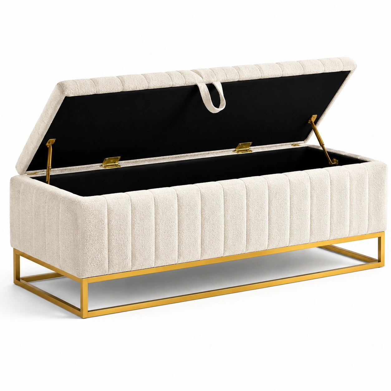 Banco de almacenamiento tapizado beige con base de metal dorado