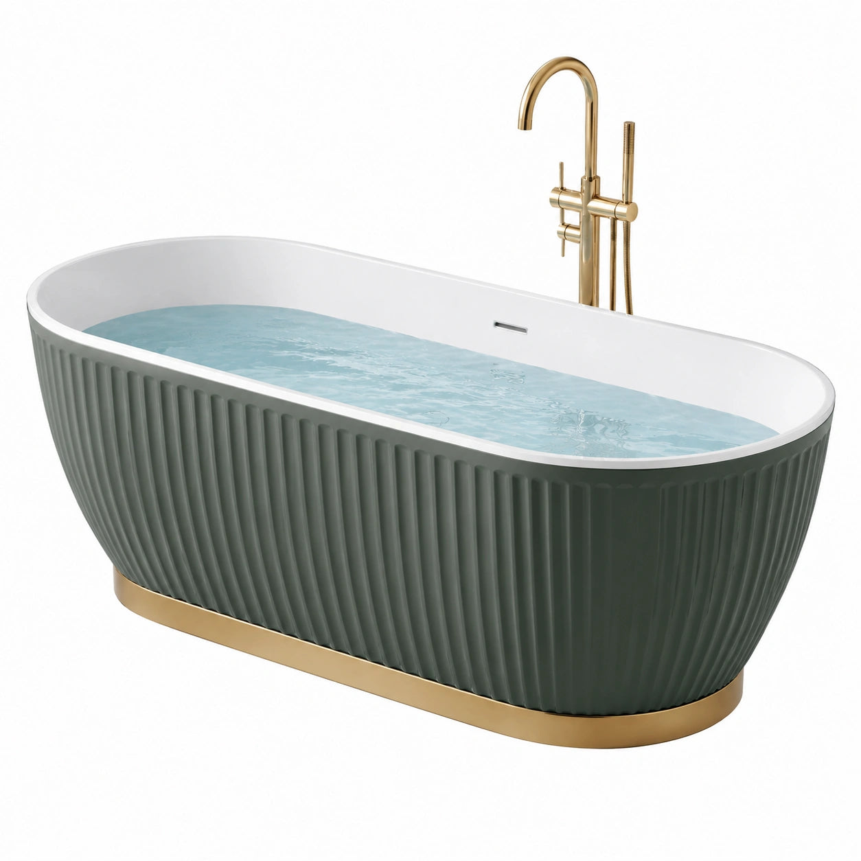 Bañera Independiente Ovalada Acrílico Verde/Blanco con Base Dorada