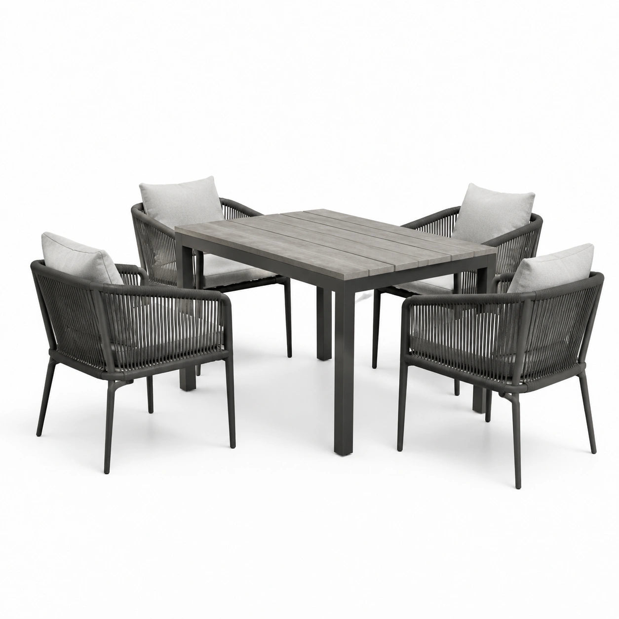 Set de comedor exterior de aluminio y cuerda gris 5 piezas