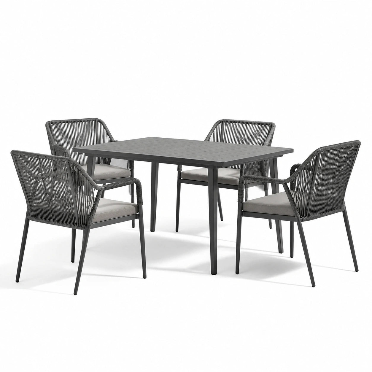 Conjunto de comedor de jardín de aluminio y cuerda sintética en negro, 1 mesa y 4 sillas