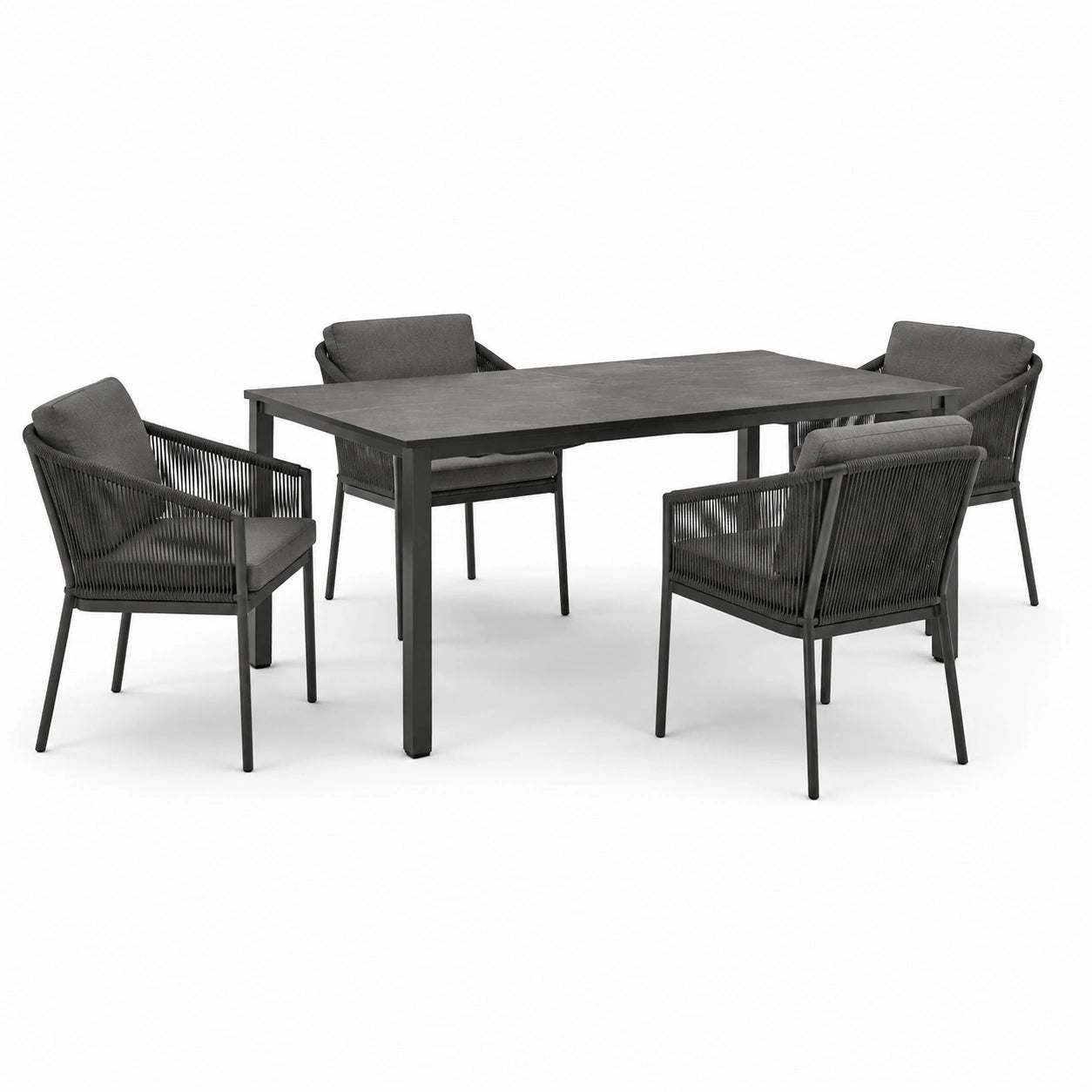 Conjunto de comedor al aire libre de aluminio y cuerda gris oscuro, 5 piezas