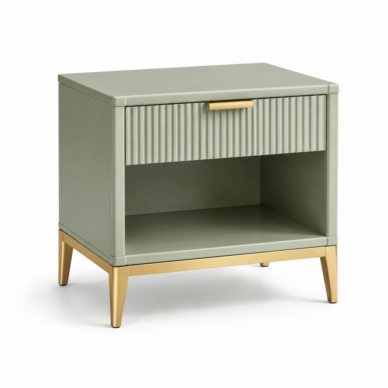 Mesita de noche de MDF verde con patas doradas de metal