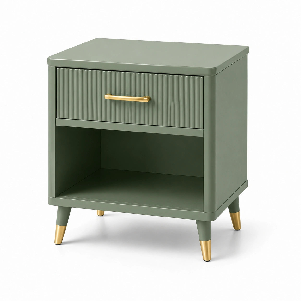 Mesa de noche de MDF verde con patas de metal doradas