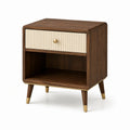 Mesa auxiliar de madera y metal con cajón marrón y beige