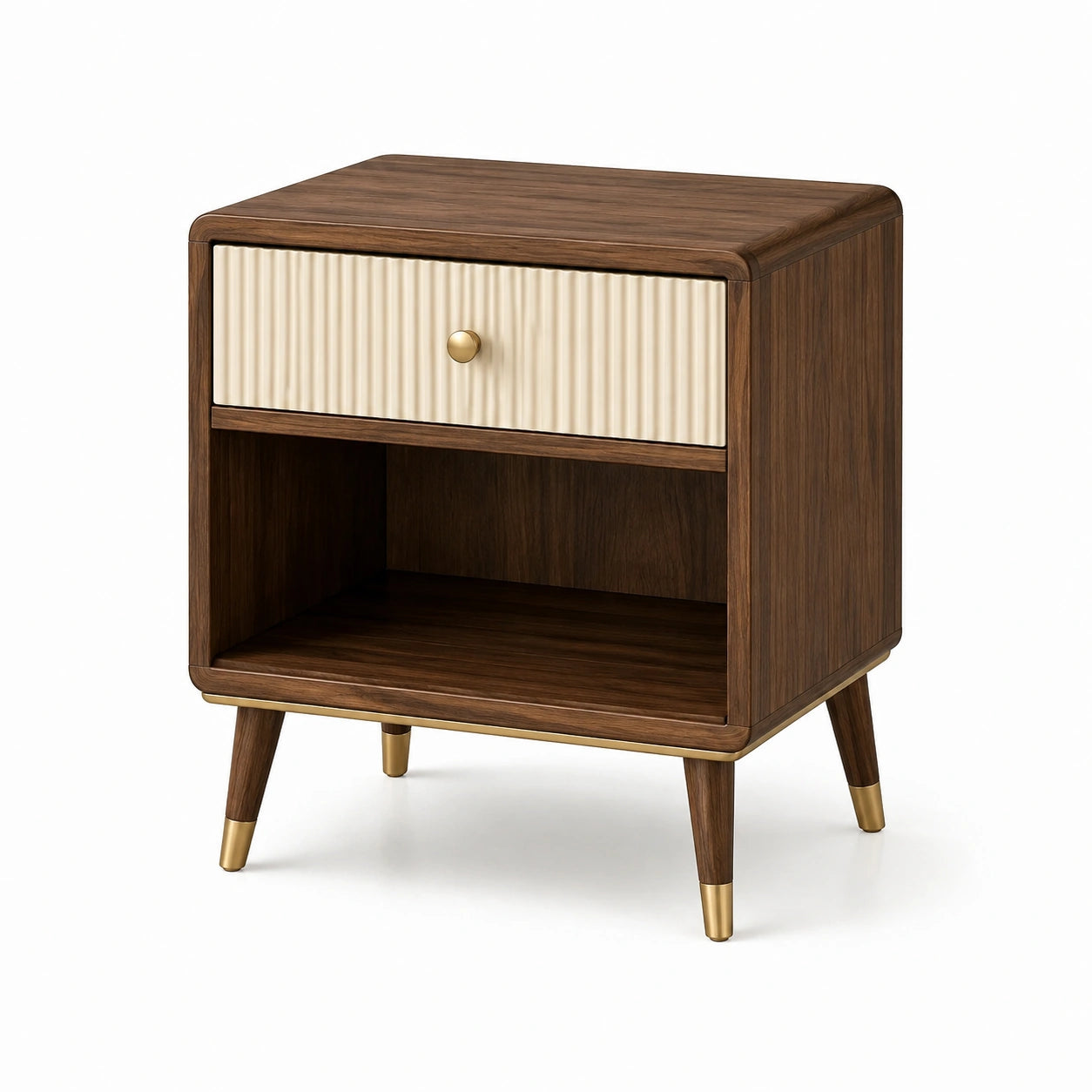 Mesa auxiliar de madera y metal con cajón marrón y beige