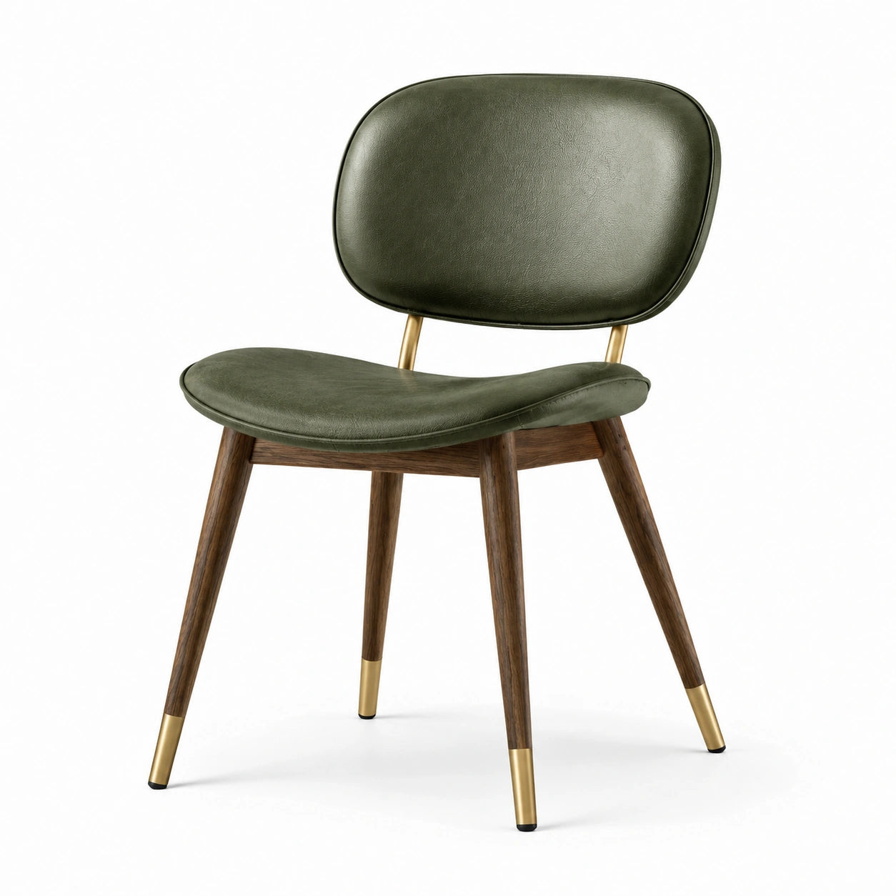 Silla de cuero sintético verde con patas de nogal y metal